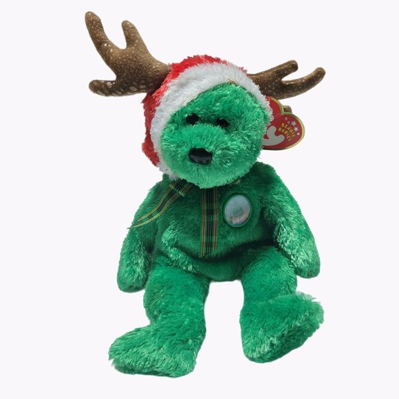 TY Beanie Babies 2002 Holiday Teddy Plush Santa Hat Reindeer Stuffed Animal - Picture 1 of 7